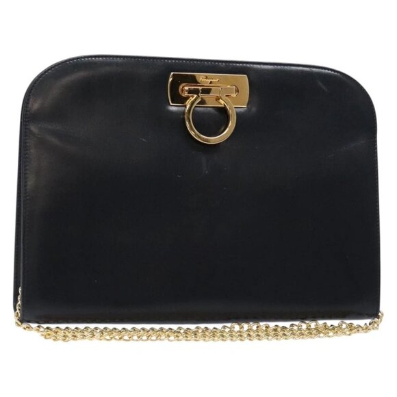 Salvatore Ferragamo Gancini Chain Shoulder Bag Leather Navy Gold Auth 139543 - Picture 1 of 15